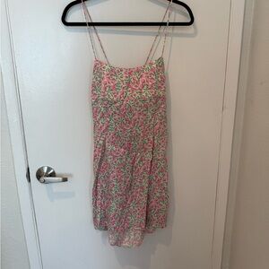 Zara Floral Pink and Green Spaghetti Strap Dress